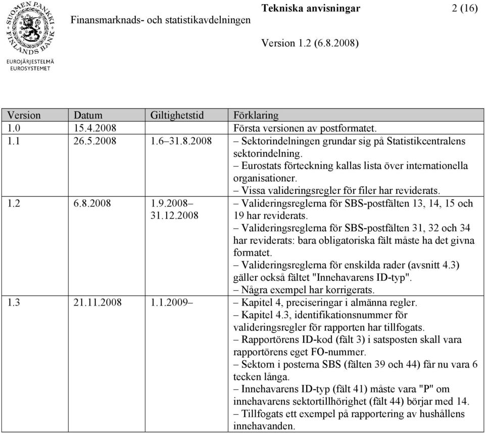 2008 Valideringsreglerna för SBS-postfälten 13, 14, 15 och 19 har reviderats. Valideringsreglerna för SBS-postfälten 31, 32 och 34 har reviderats: bara obligatoriska fält måste ha det givna formatet.