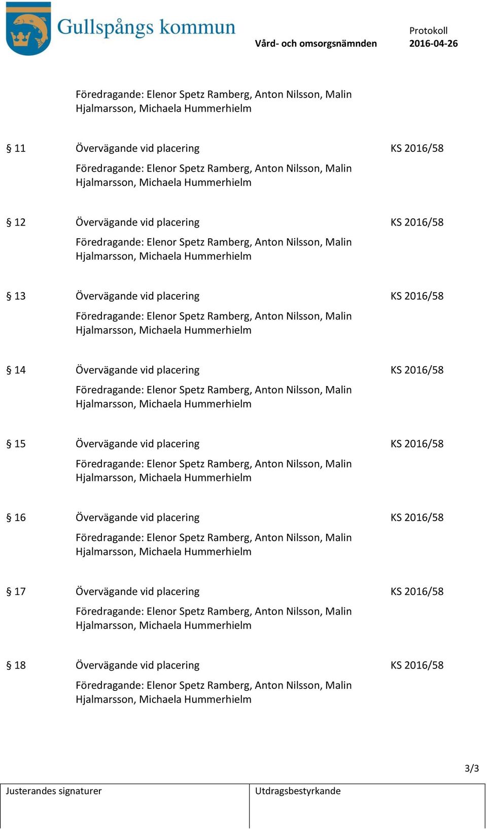 2016/58 Föredragande: Elenor Spetz Ramberg, Anton Nilsson, Malin Hjalmarsson, Michaela Hummerhielm 14 Övervägande vid placering KS 2016/58 Föredragande: Elenor Spetz Ramberg, Anton Nilsson, Malin