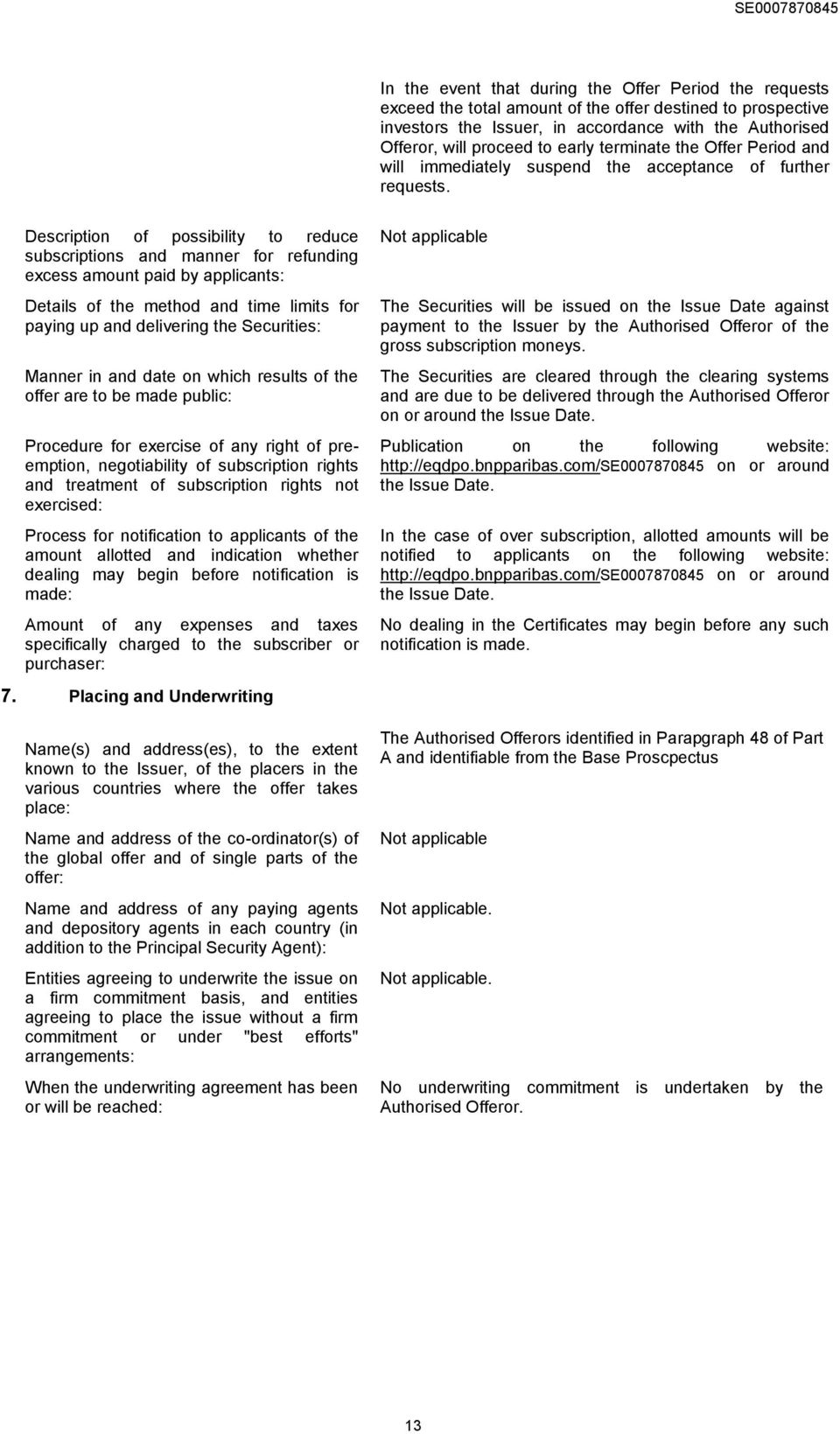 Description of possibility to reduce subscriptions and manner for refunding excess amount paid by applicants: Details of the method and time limits for paying up and delivering the Securities: Manner