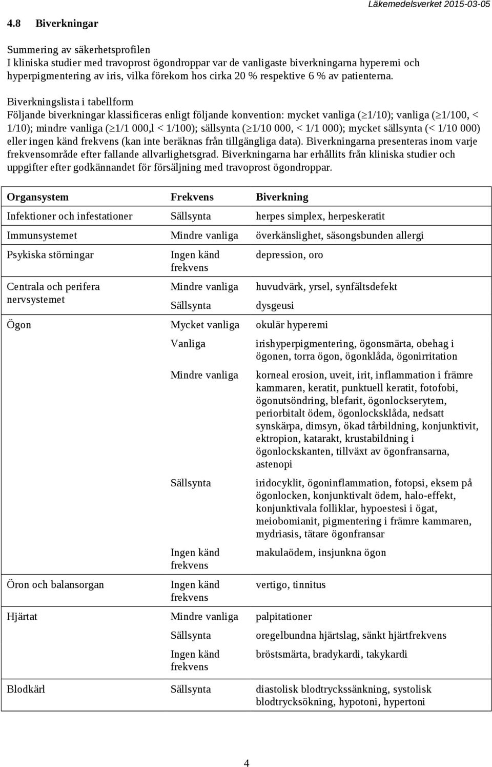 Biverkningslista i tabellform Följande biverkningar klassificeras enligt följande konvention: mycket vanliga ( 1/10); vanliga ( 1/100, < 1/10); mindre vanliga ( 1/1 000,l < 1/100); sällsynta ( 1/10