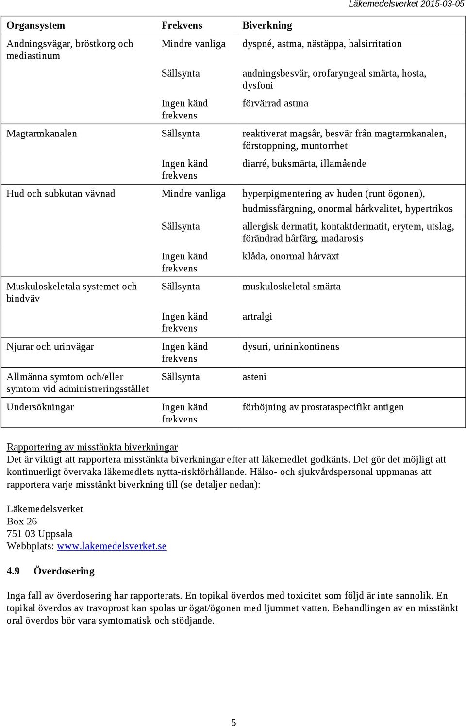 av huden (runt ögonen), hudmissfärgning, onormal hårkvalitet, hypertrikos Muskuloskeletala systemet och bindväv Njurar och urinvägar Allmänna symtom och/eller symtom vid administreringsstället