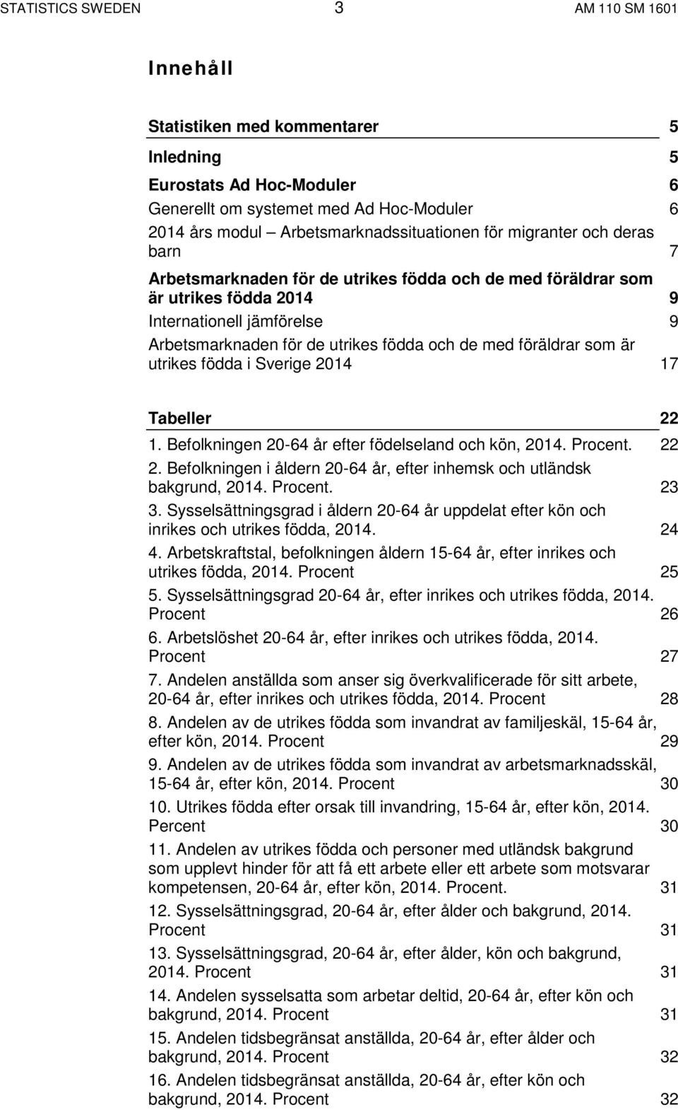 föräldrar som är utrikes födda i Sverige 2014 17 Tabeller 22 1. Befolkningen 20-64 år efter födelseland och kön, 2014. Procent. 22 2.