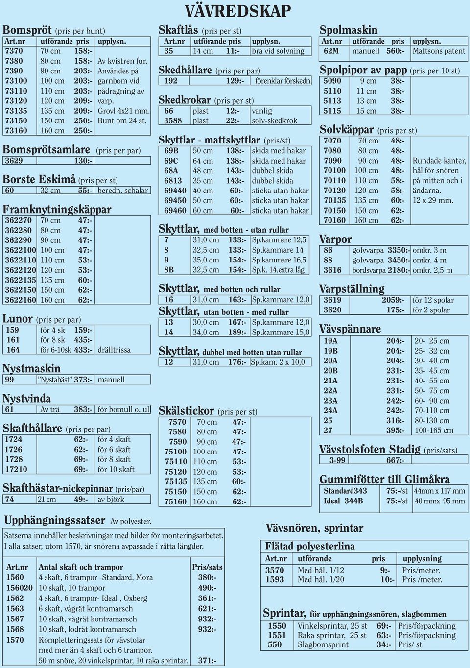 73160 160 cm 250:- Bomsprötsamlare (pris per par) 3629 130:- Borste Eskimå (pris per st) 60 32 cm 55:- beredn.