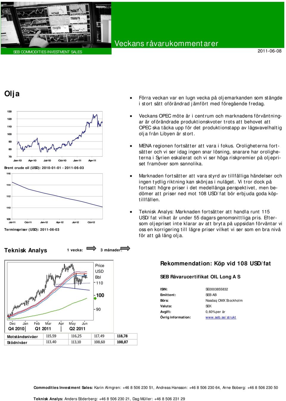 från Libyen är stort. 90 80 70 Jan-10 Apr-10 Jul-10 Oct-10 Jan-11 Apr-11 Brent crude oil (USD): 2010-01-01-2011-06-03 116 114 112 MENA regionen fortsätter att vara i fokus.