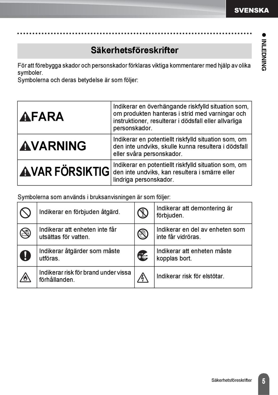 Indikerar en överhängande riskfylld situation som, om produkten hanteras i strid med varningar och instruktioner, resulterar i dödsfall eller allvarliga personskador.
