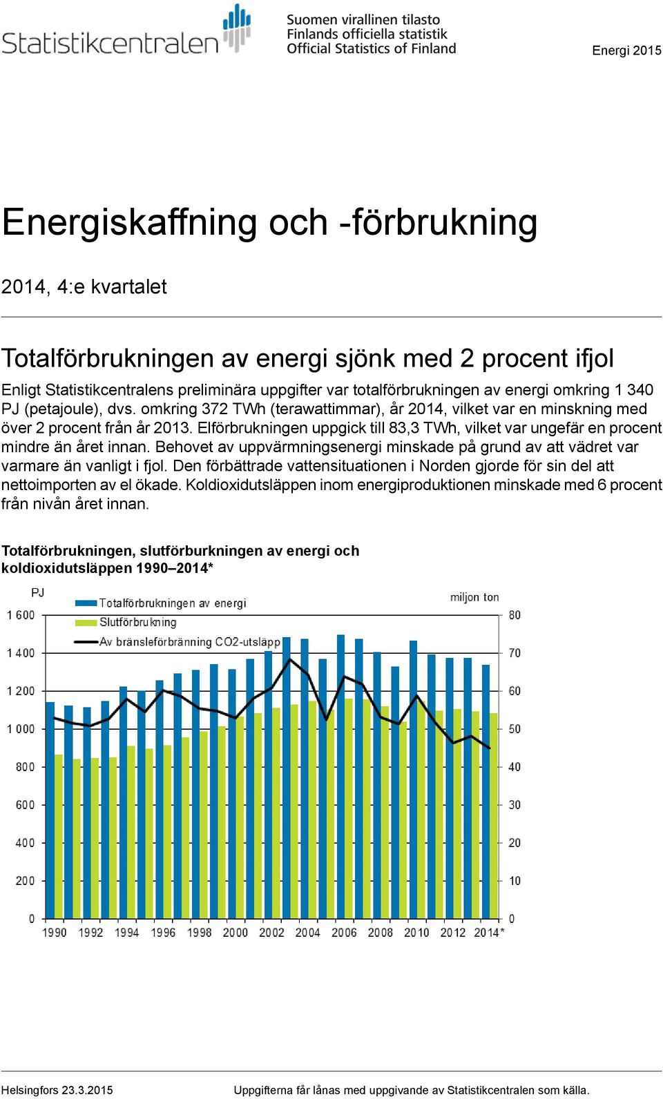 Elförbrukningen uppgick till 83,3 TWh, vilket var ungefär en procent mindre än året innan. Behovet av uppvärmningsenergi minskade på grund av att vädret var varmare än vanligt i fjol.