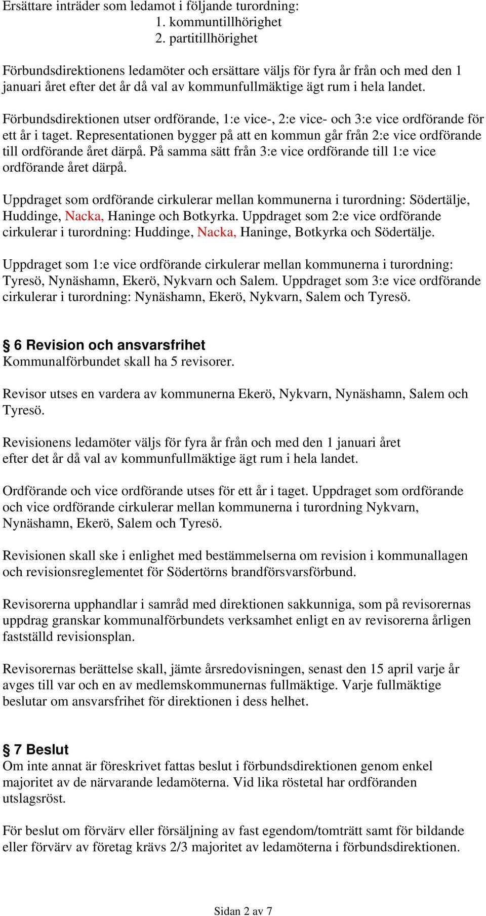 Förbundsdirektionen utser ordförande, 1:e vice-, 2:e vice- och 3:e vice ordförande för ett år i taget. Representationen bygger på att en kommun går från 2:e vice ordförande till ordförande året därpå.