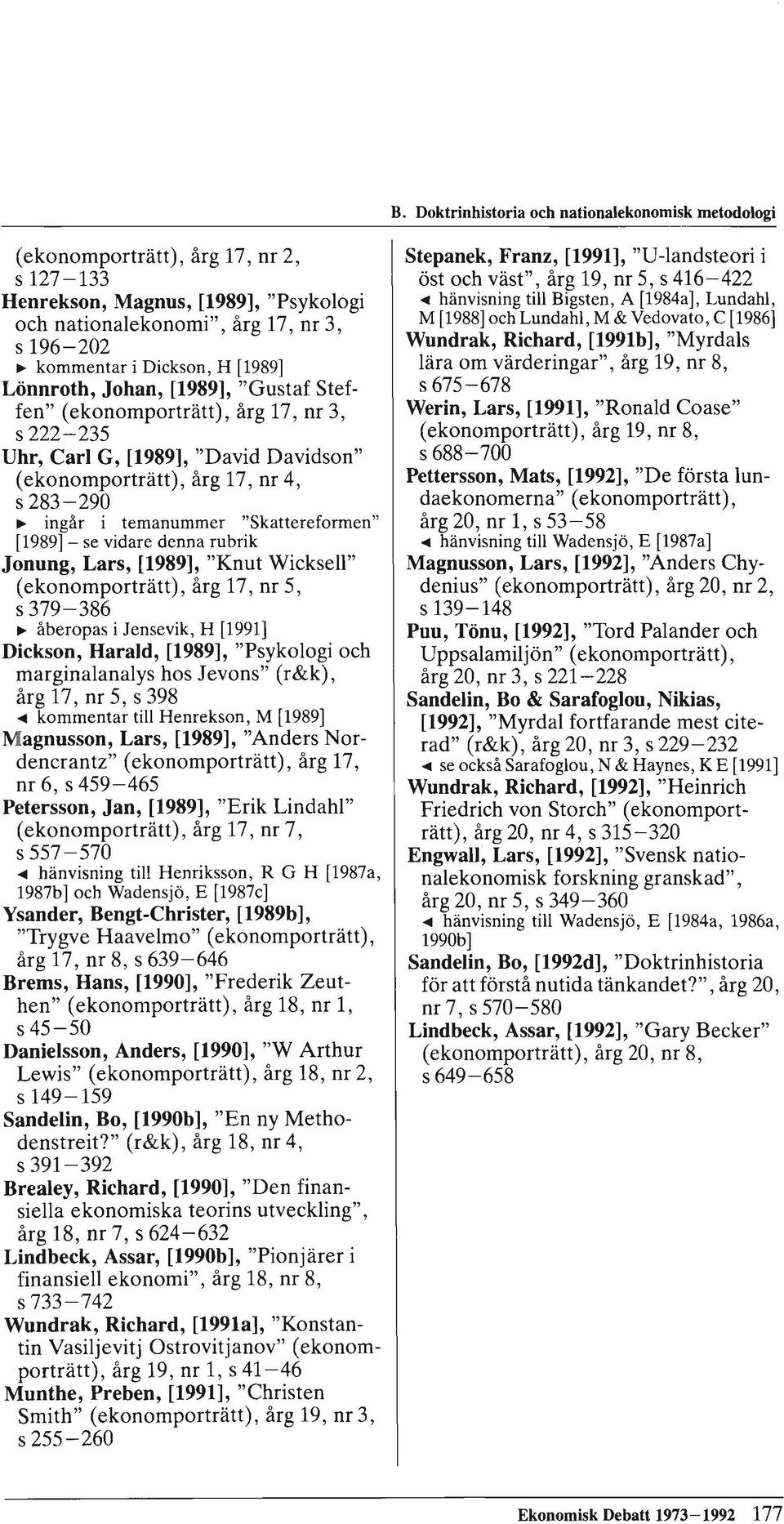 temanummer "Skattereformen" [1989] - se vidare denna rubrik Jonung, Lars, [1989], "Knut Wicksell" (ekonomporträtt ), årg 17, nr 5, s 379-386 ~ åberopas i Jensevik, H [1991 ] Dickson, Harald, [1989],