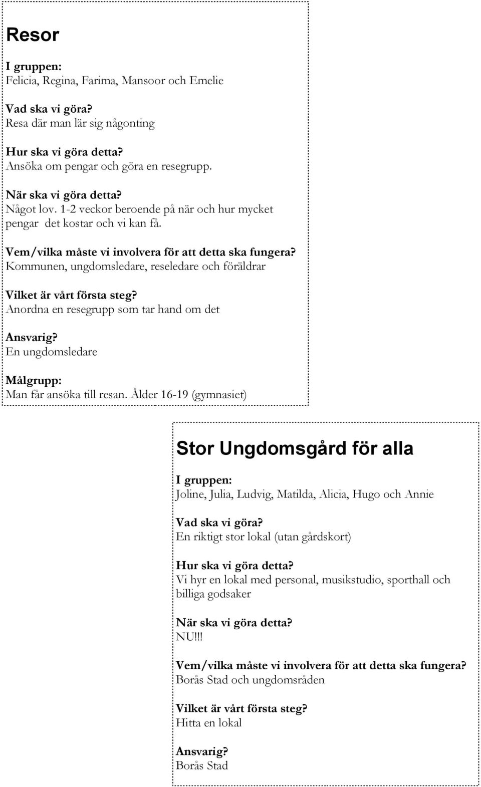 Kommunen, ungdomsledare, reseledare och föräldrar Anordna en resegrupp som tar hand om det En ungdomsledare Målgrupp: Man får ansöka till resan.