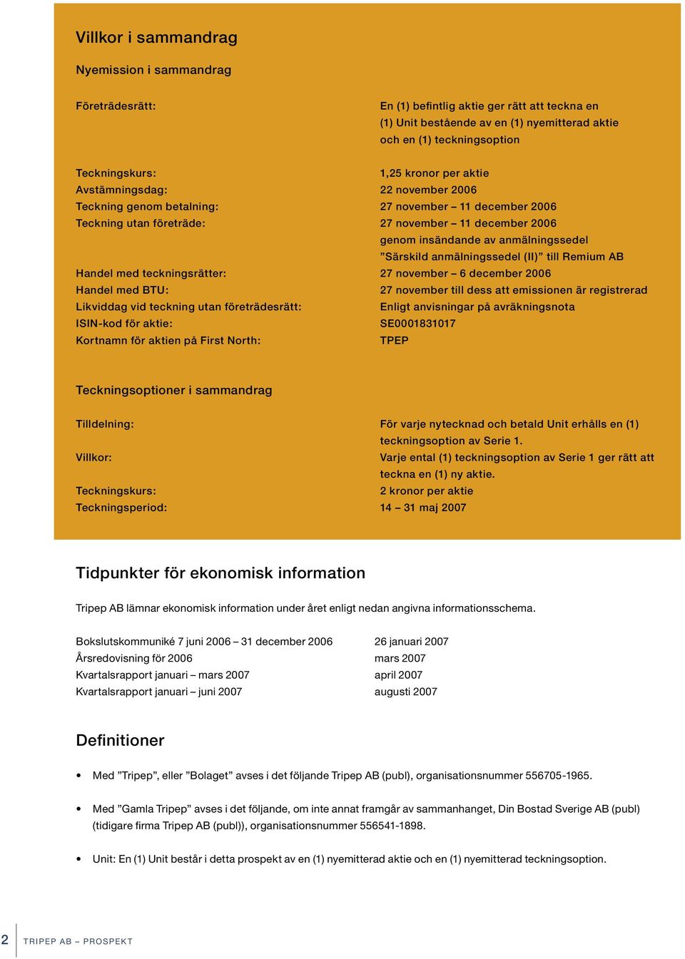 Särskild anmälningssedel (II) till Remium AB Handel med teckningsrätter: 27 november 6 december 2006 Handel med BTU: 27 november till dess att emissionen är registrerad Likviddag vid teckning utan