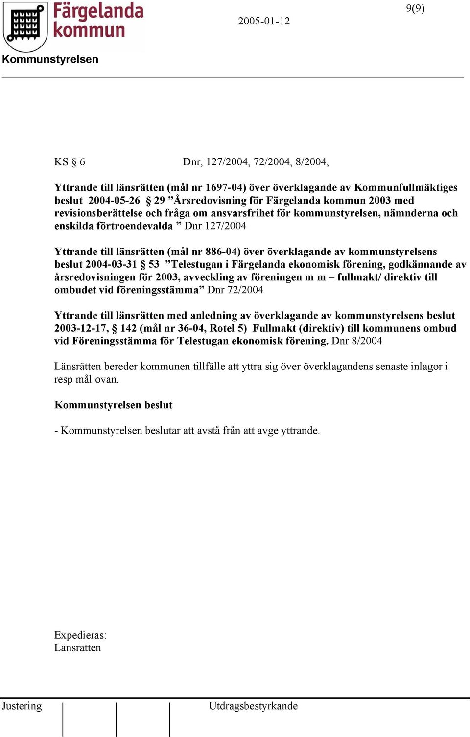 beslut 2004-03-31 53 Telestugan i Färgelanda ekonomisk förening, godkännande av årsredovisningen för 2003, avveckling av föreningen m m fullmakt/ direktiv till ombudet vid föreningsstämma Dnr 72/2004