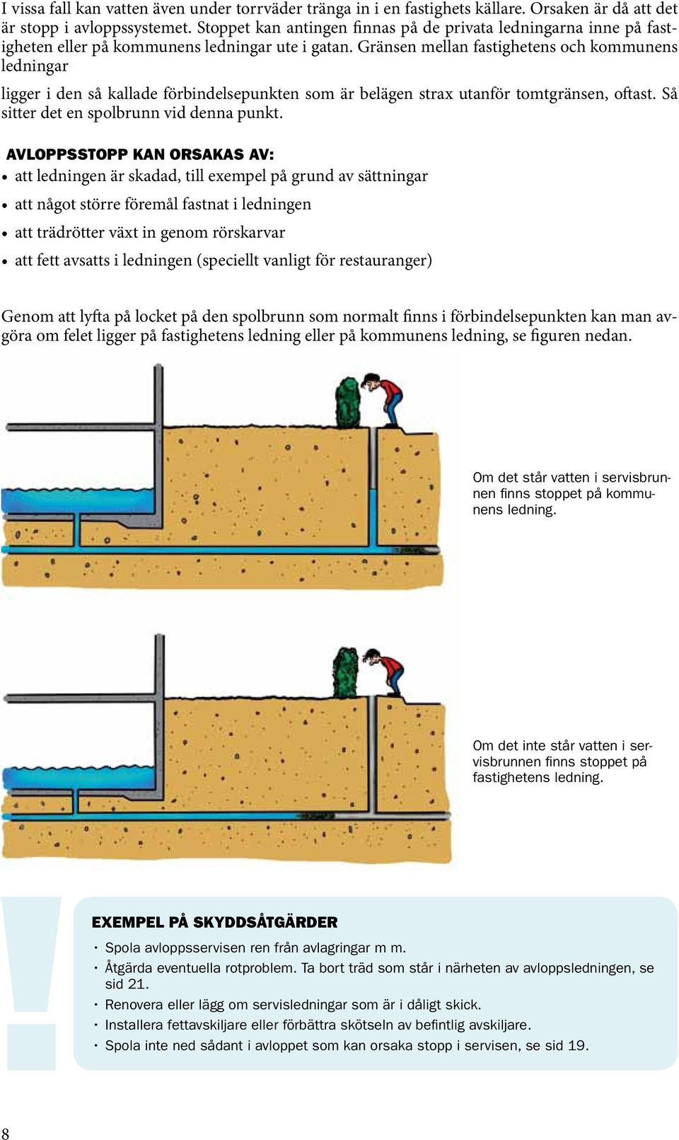 Gränsen mellan fastighetens och kommunens ledningar ligger i den så kallade förbindelsepunkten som är belägen strax utanför tomtgränsen, oftast. Så sitter det en spolbrunn vid denna punkt.