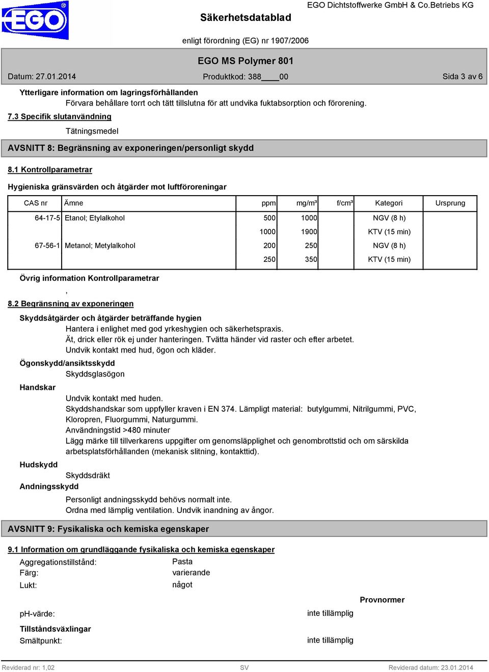 1 Kontrollparametrar Hygieniska gränsvärden och åtgärder mot luftföroreningar CAS nr Ämne ppm mg/m³ f/cm³ Kategori Ursprung 64-17-5 Etanol; Etylalkohol 500 1000 1000 1900 67-56-1 Metanol;