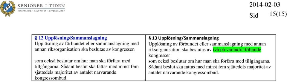 13 Upplösning/Sammanslagning Upplösning av förbundet eller sammanslagning med annan riksorganisation ska beslutas av två på varandra följande