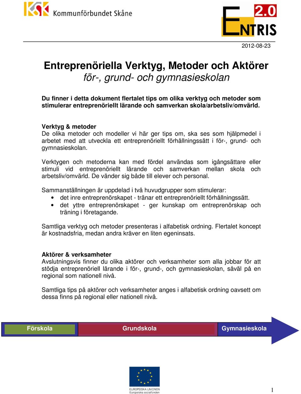 Verktyg & metoder De olika metoder och modeller vi här ger tips om, ska ses som hjälpmedel i arbetet med att utveckla ett entreprenöriellt förhållningssätt i för-, grund- och gymnasieskolan.