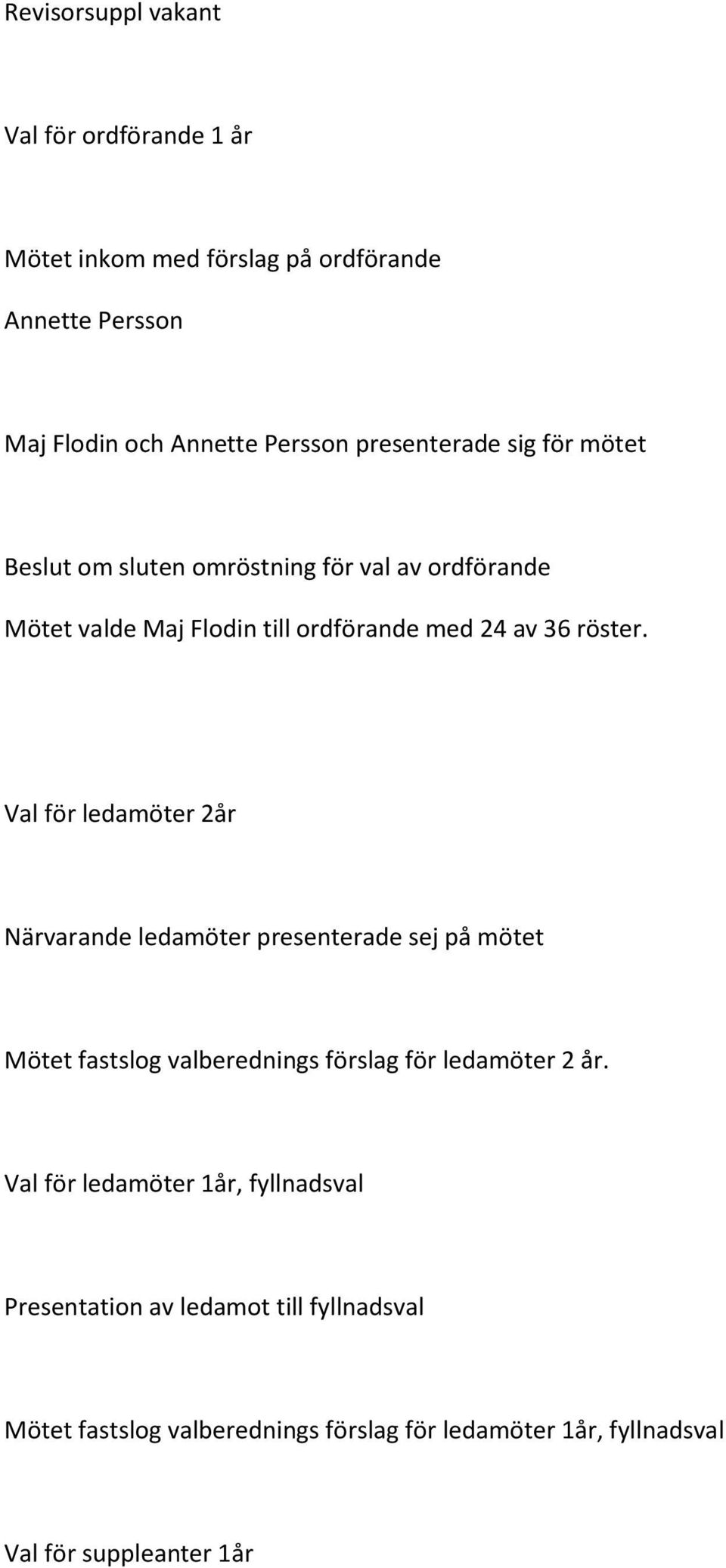 Val för ledamöter 2år Närvarande ledamöter presenterade sej på mötet Mötet fastslog valberednings förslag för ledamöter 2 år.