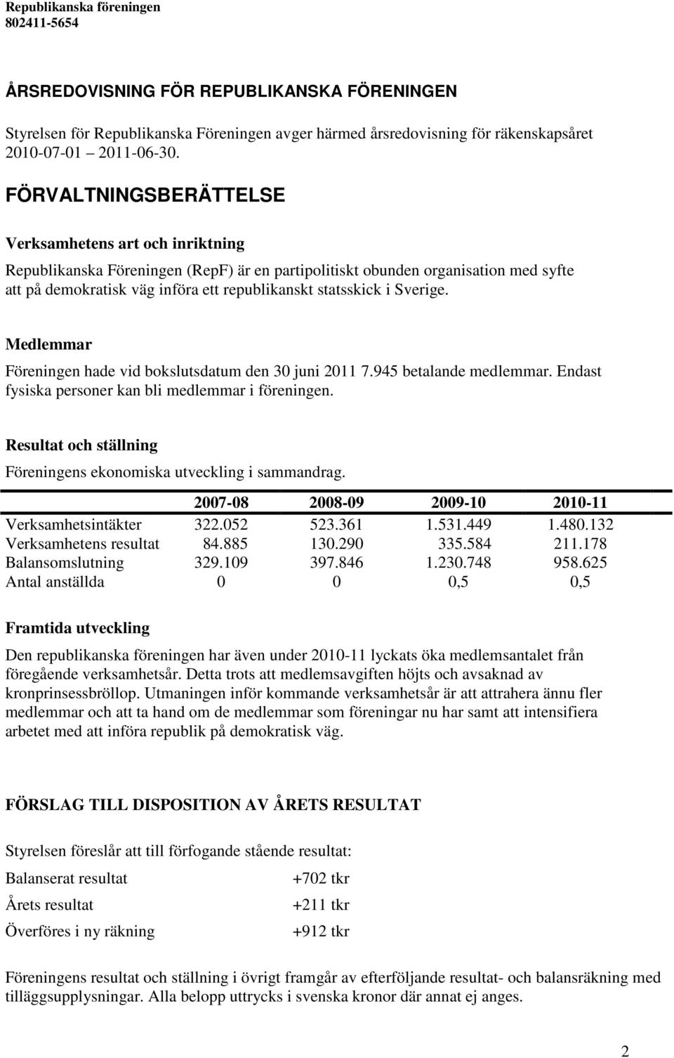 i Sverige. Medlemmar Föreningen hade vid bokslutsdatum den 30 juni 2011 7.945 betalande medlemmar. Endast fysiska personer kan bli medlemmar i föreningen.
