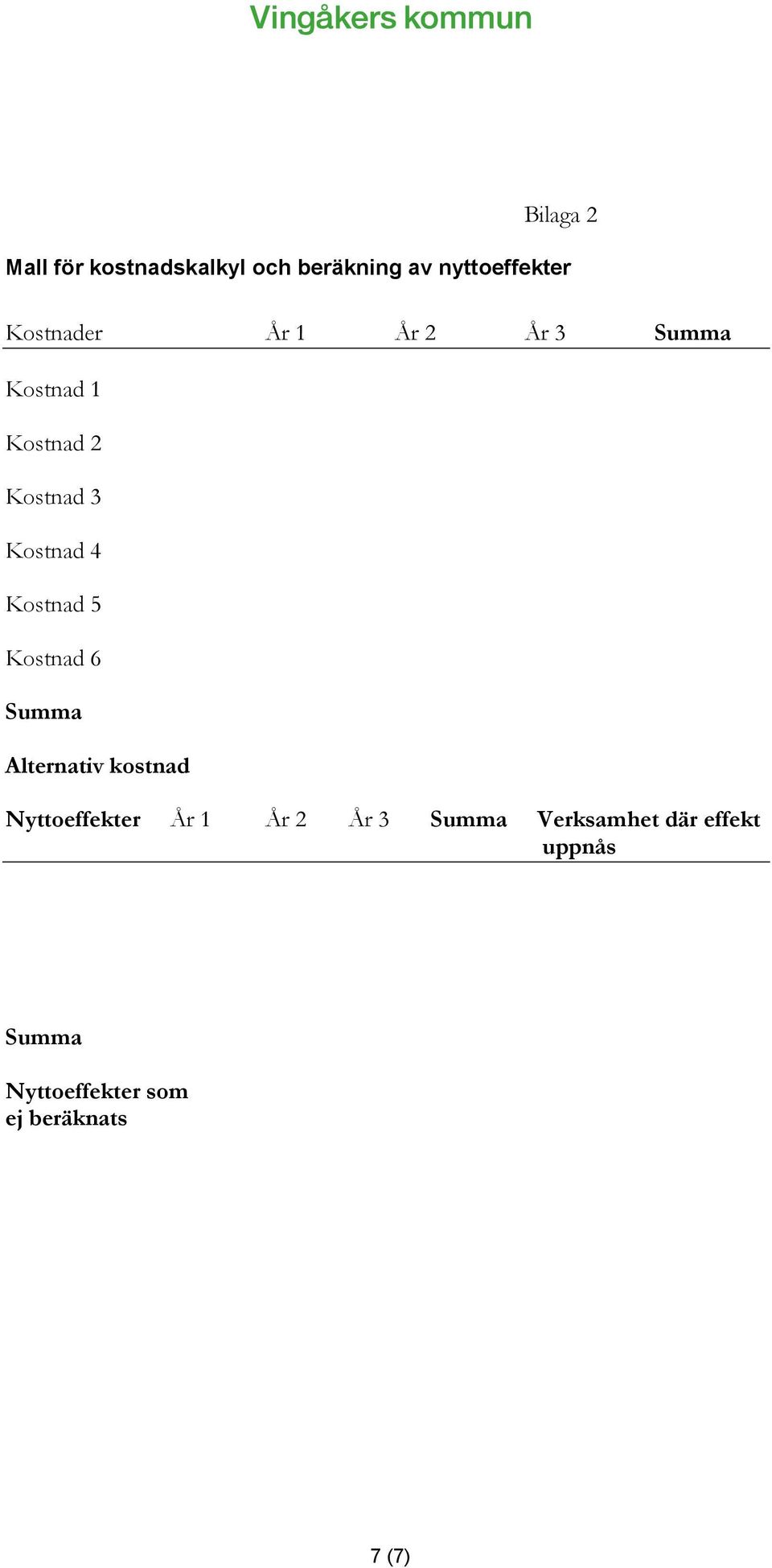 Kostnad 5 Kostnad 6 Summa Alternativ kostnad Nyttoeffekter År 1 År 2 År