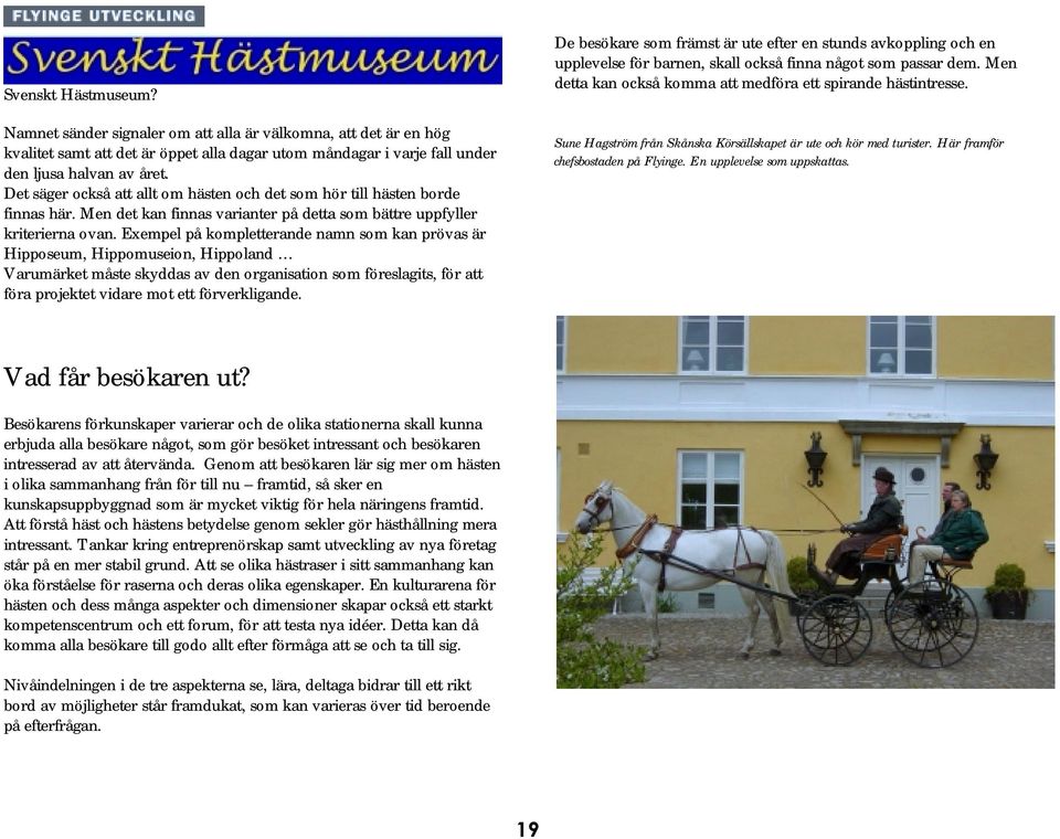 Exempel på kompletterande namn som kan prövas är Hipposeum, Hippomuseion, Hippoland Varumärket måste skyddas av den organisation som föreslagits, för att föra projektet vidare mot ett förverkligande.