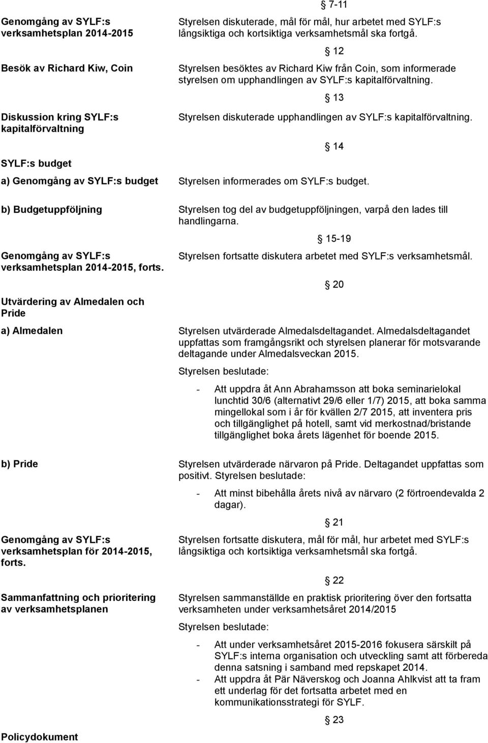 13 Diskussion kring SYLF:s kapitalförvaltning SYLF:s budget Styrelsen diskuterade upphandlingen av SYLF:s kapitalförvaltning. 14 a) Genomgång av SYLF:s budget Styrelsen informerades om SYLF:s budget.