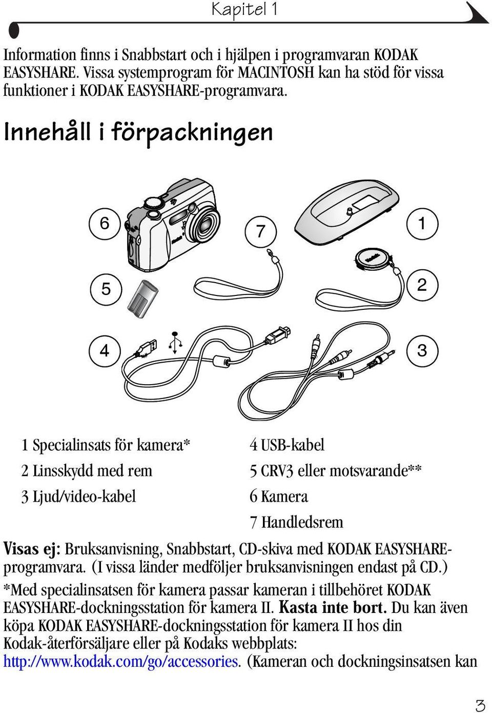 CD-skiva med KODAK EASYSHAREprogramvara. (I vissa länder medföljer bruksanvisningen endast på CD.