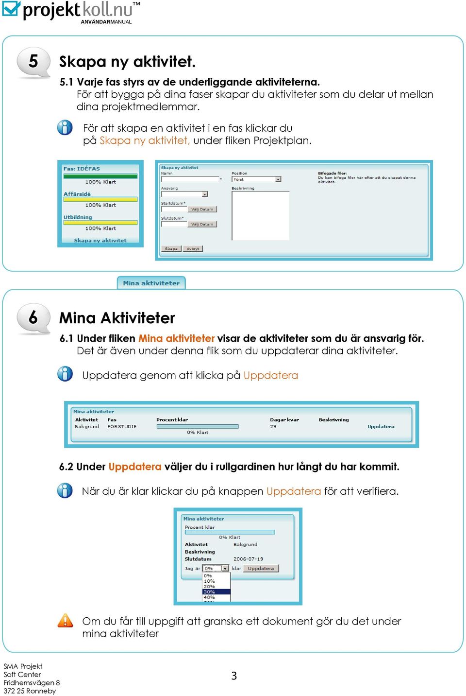 1 Under fliken Mina aktiviteter visar de aktiviteter som du är ansvarig för. Det är även under denna flik som du uppdaterar dina aktiviteter. Uppdatera genom att klicka på Uppdatera 6.