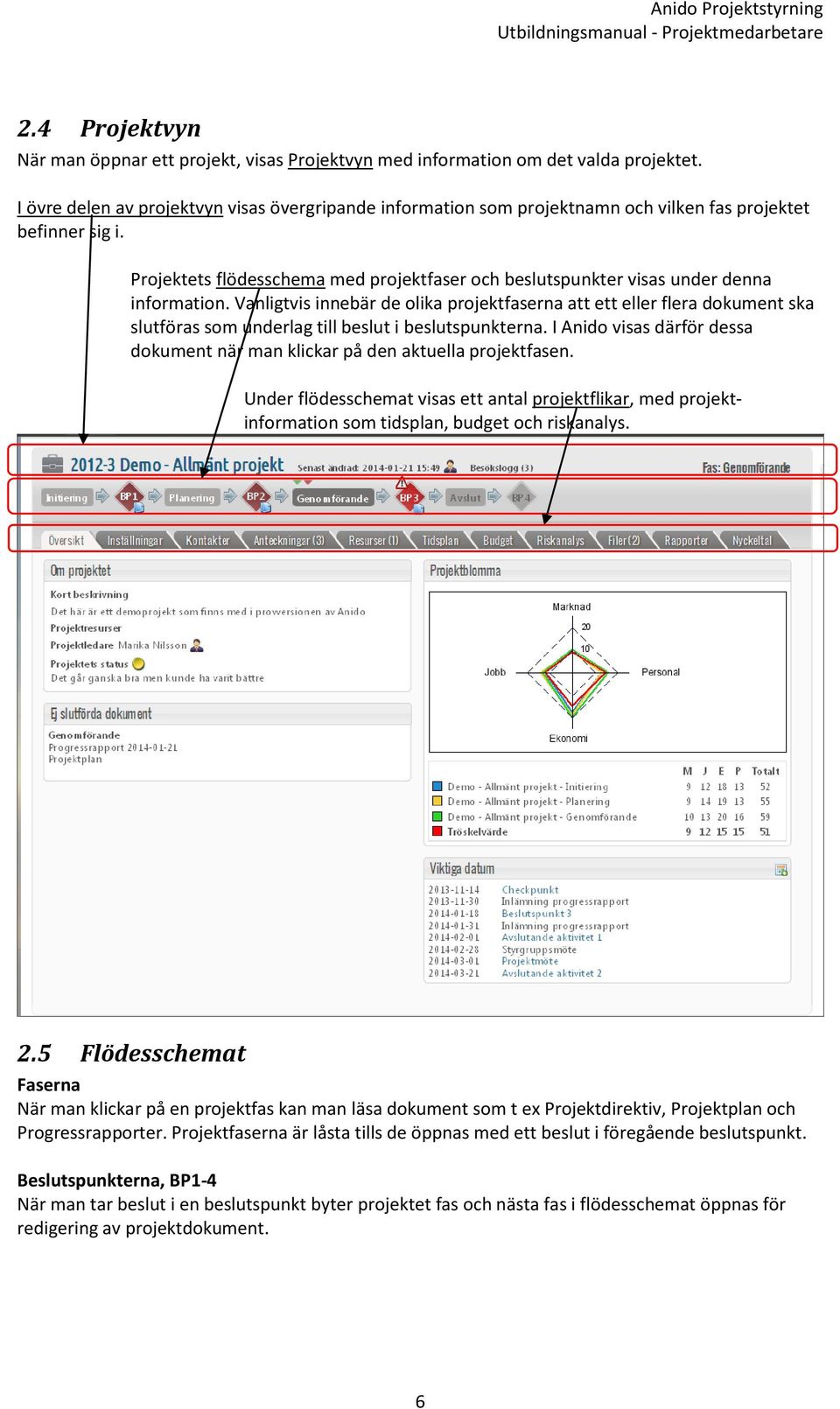 Projektets flödesschema med projektfaser och beslutspunkter visas under denna information.