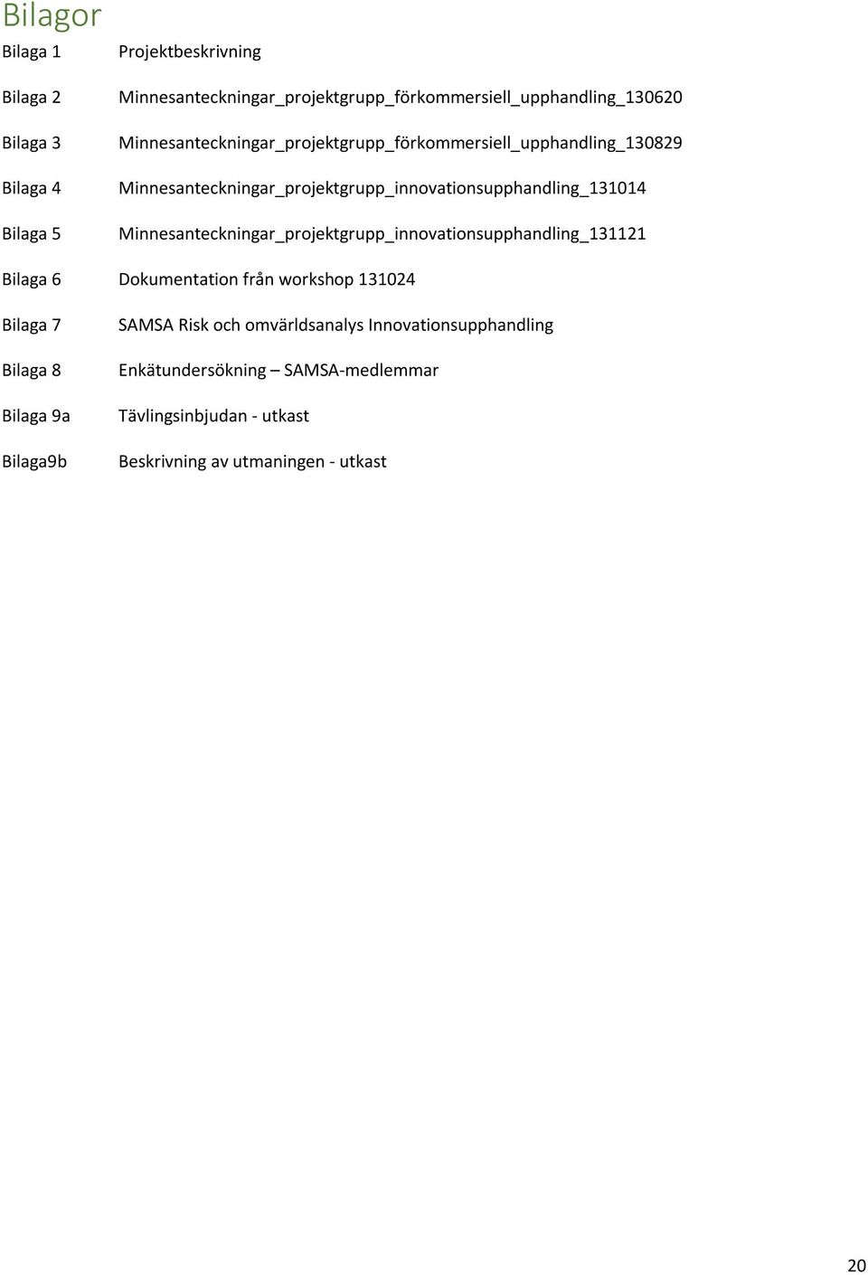 Minnesanteckningar_projektgrupp_innovationsupphandling_131121 Bilaga 6 Dokumentation från workshop 131024 Bilaga 7 Bilaga 8 Bilaga 9a