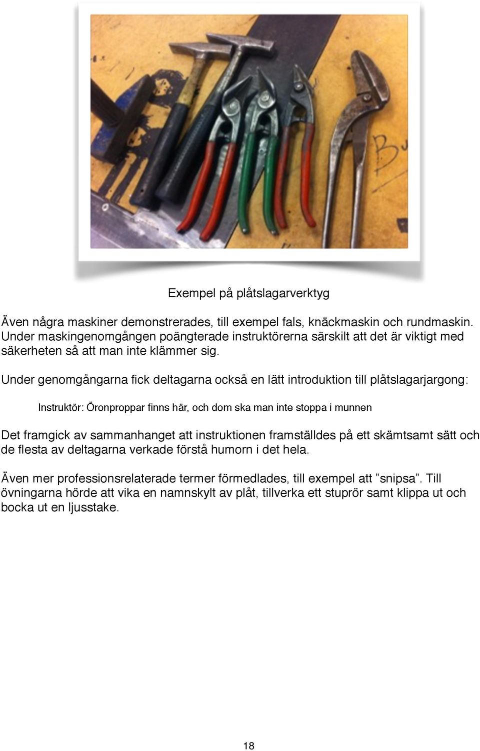 Under genomgångarna fick deltagarna också en lätt introduktion till plåtslagarjargong: Instruktör: Öronproppar finns här, och dom ska man inte stoppa i munnen Det framgick av