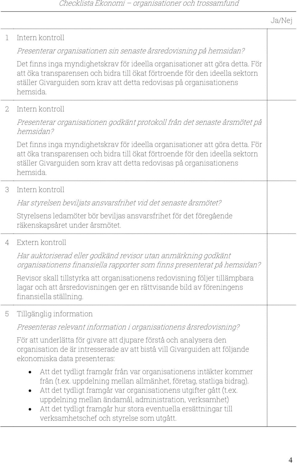 För att öka transparensen och bidra till ökat förtroende för den ideella sektorn ställer Givarguiden som krav att detta redovisas på organisationens hemsida.