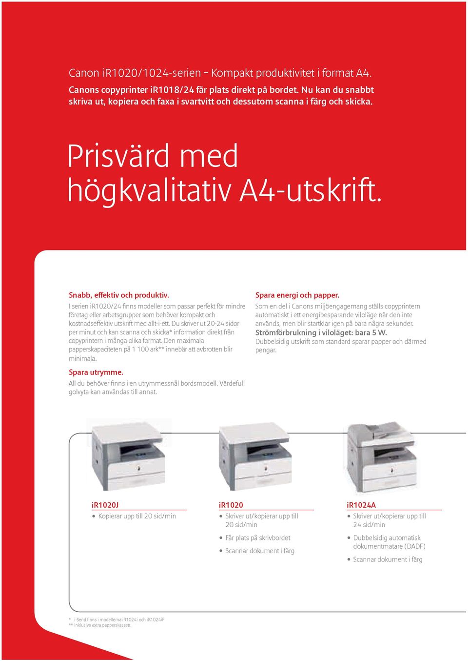I serien ir1020/24 finns modeller som passar perfekt för mindre företag eller arbetsgrupper som behöver kompakt och kostnadseffektiv utskrift med allt-i-ett.