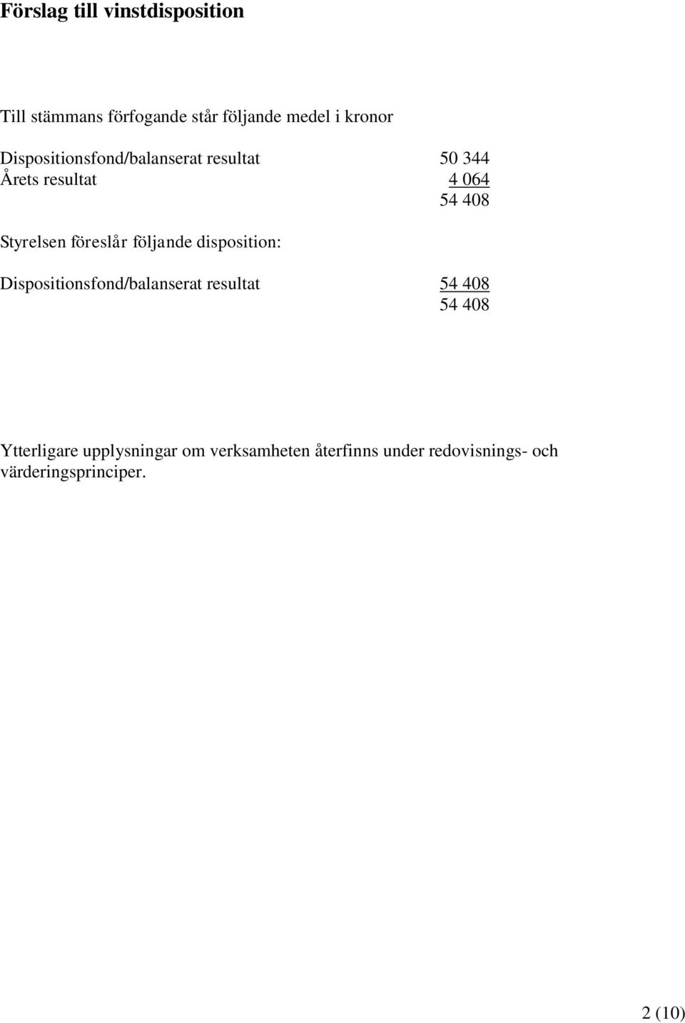 föreslår följande disposition: Dispositionsfond/balanserat resultat 54 408 54 408