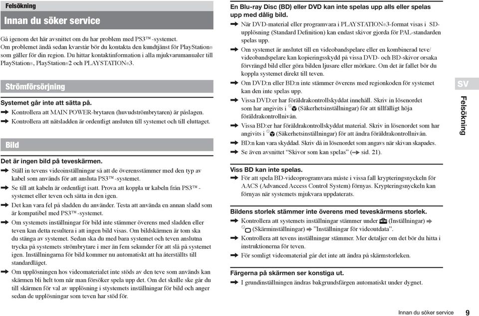 Du hittar kontaktinformation i alla mjukvarumanualer till PlayStation, PlayStation 2 och PLAYSTATION 3. Strömförsörjning Systemet går inte att sätta på.