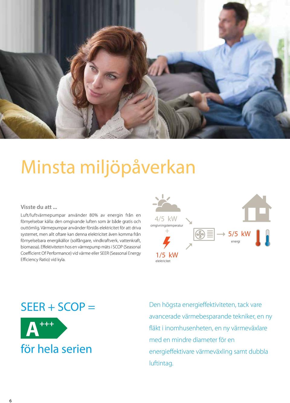 Effektiviteten hos en värmepump mäts i SCOP (Seasonal Coefficient Of Performance) vid värme eller SEER (Seasonal Energy Efficiency Ratio) vid kyla.