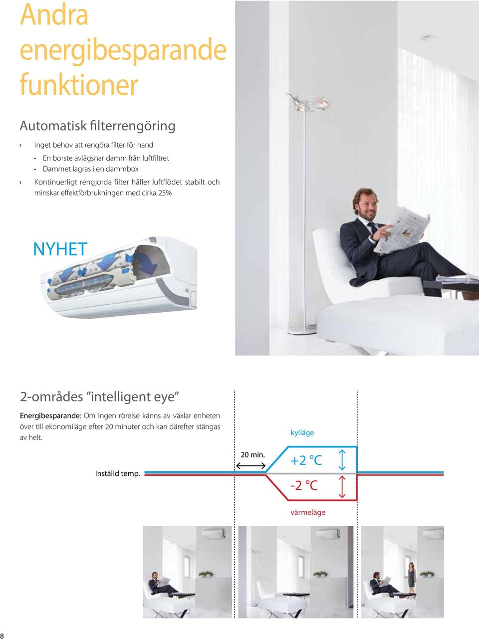 effektförbrukningen med cirka 25% NYHET 2-områdes intelligent eye Energibesparande: Om ingen rörelse känns av växlar