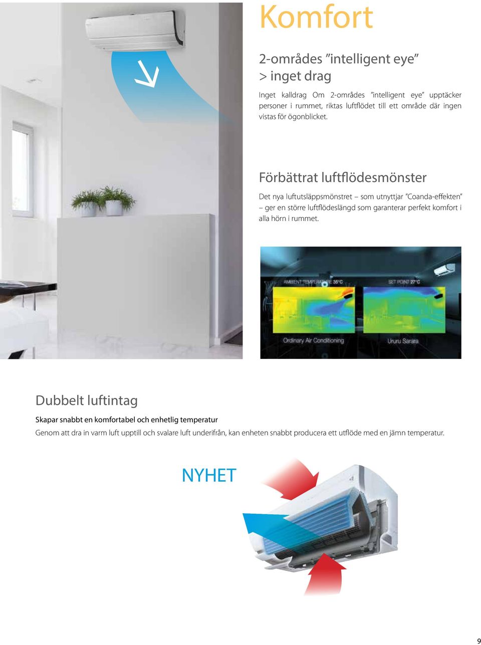 Förbättrat luftflödesmönster Det nya luftutsläppsmönstret som utnyttjar Coanda-effekten ger en större luftflödeslängd som garanterar perfekt