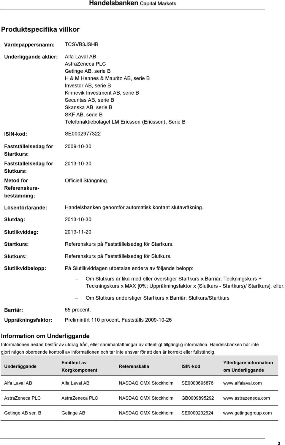 Telefonaktiebolaget LM Ericsson (Ericsson), Serie B SE0002977322 2009-10-30 2013-10-30 Officiell Stängning. Handelsbanken genomför automatisk kontant slutavräkning.