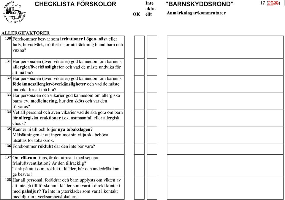 Har personalen (även vikarier) god kännedom om barnens I GRlPQHVDOOHUJLHU YHUNlQVOLJKHWHU och vad de måste undvika för att må bra? Har personalen och vikarier god kännedom om allergiska barns ev.