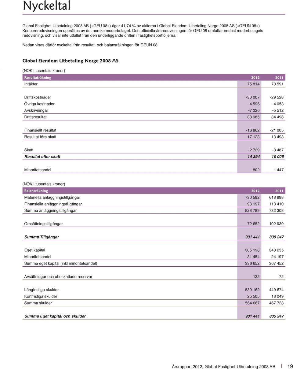 Nedan visas därför nyckeltal från resultat- och balansräkningen för GEUN 08.