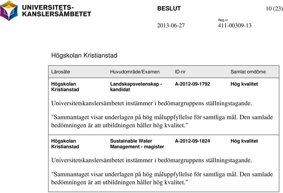 Den samlade bedömningen är att utbildningen håller hög kvalitet.