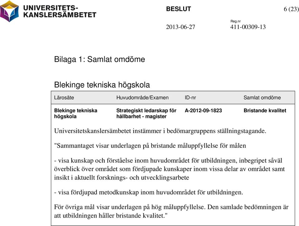 "Sammantaget visar underlagen på bristande måluppfyllelse för målen - visa kunskap och förståelse inom huvudområdet för utbildningen, inbegripet såväl överblick över området som fördjupade