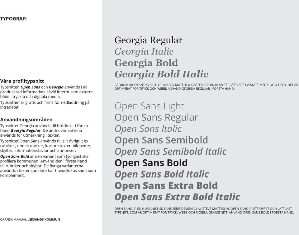 De andra varianterna används för utmärkning i texten. Typsnittet Open Sans används till allt övrigt, t ex rubriker, underrubriker, kortare texter, bildtexter, skyltar, informationstavlor och annonser.