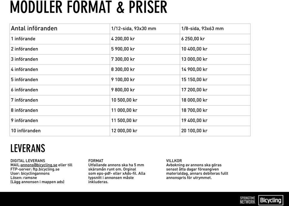 införanden 11 500,00 kr 19 400,00 kr 10 införanden 12 000,00 kr 20 100,00 kr LEVERANS DIGITAL LEVERANS MAIL:annons@bicycling.