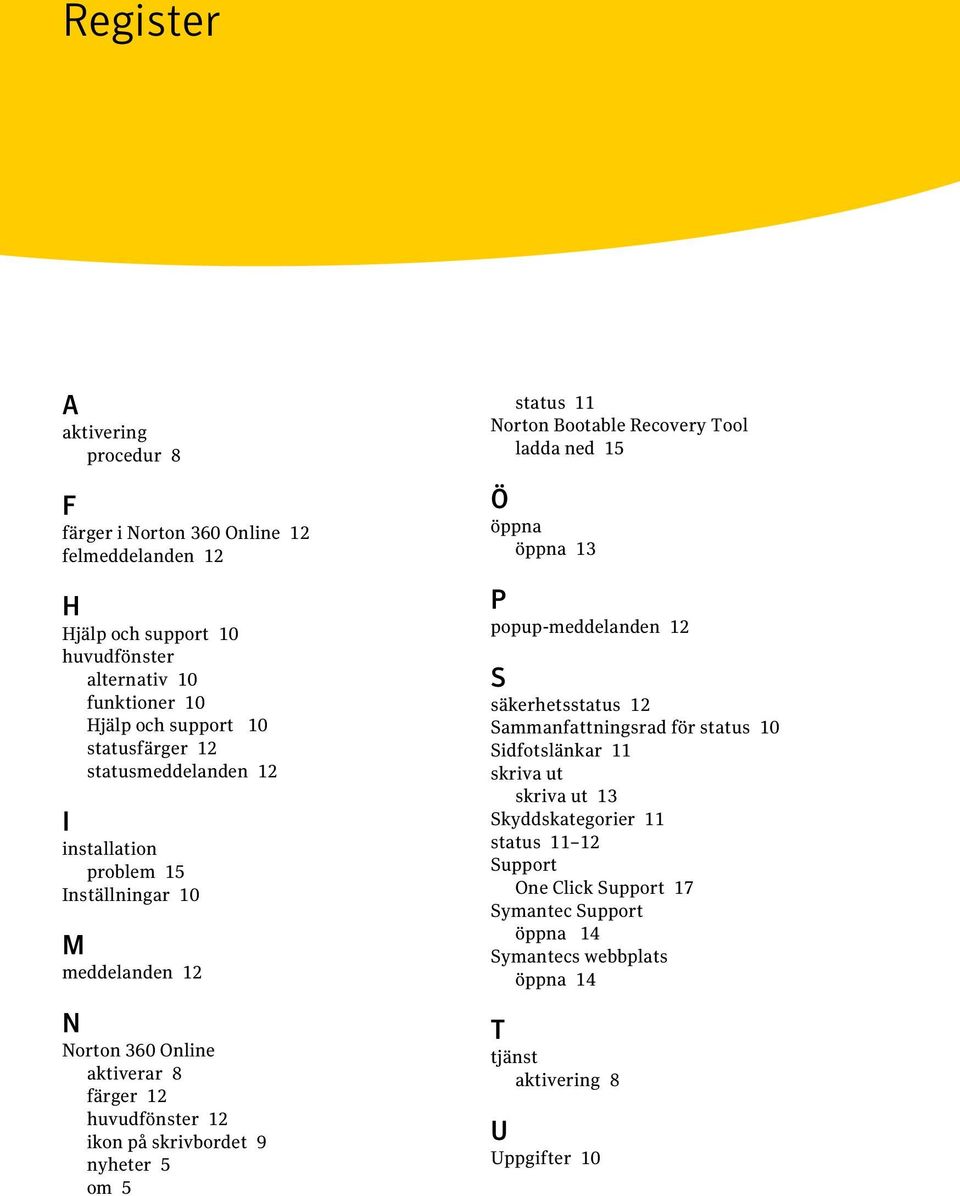 9 nyheter 5 om 5 status 11 Norton Bootable Recovery Tool ladda ned 15 Ö öppna öppna 13 P popup-meddelanden 12 S säkerhetsstatus 12 Sammanfattningsrad för status 10