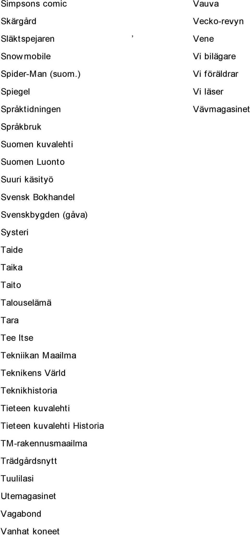 kuvalehti Suomen Luonto Suuri käsityö Svensk Bokhandel Svenskbygden (gåva) Systeri Taide Taika Taito Talouselämä Tara