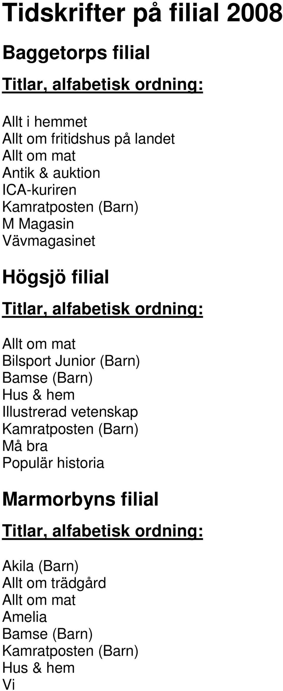 alfabetisk ordning: Bilsport Junior (Barn) Bamse (Barn) Hus & hem Illustrerad vetenskap Må bra Populär