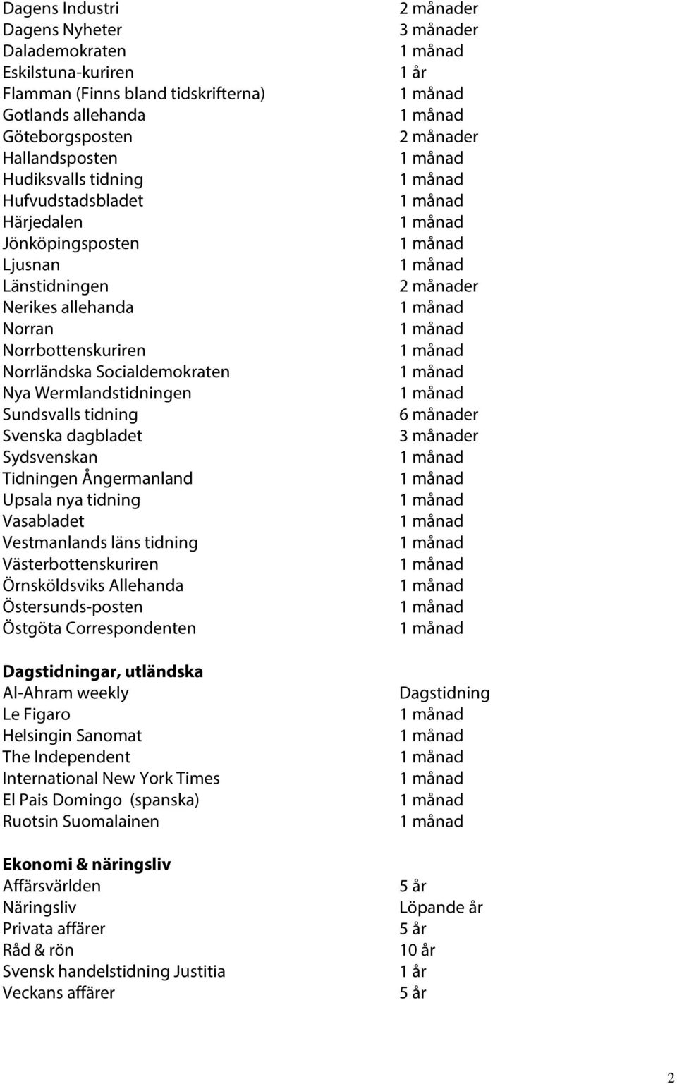 Ångermanland Upsala nya tidning Vasabladet Vestmanlands läns tidning Västerbottenskuriren Örnsköldsviks Allehanda Östersunds-posten Östgöta Correspondenten Dagstidningar, utländska Al-Ahram weekly Le