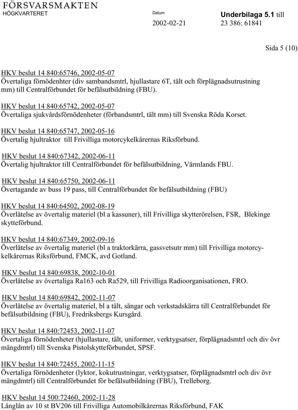 HKV beslut 14 840:65747, 2002-05-16 Övertalig hjultraktor till Frivilliga motorcykelkårernas Riksförbund.