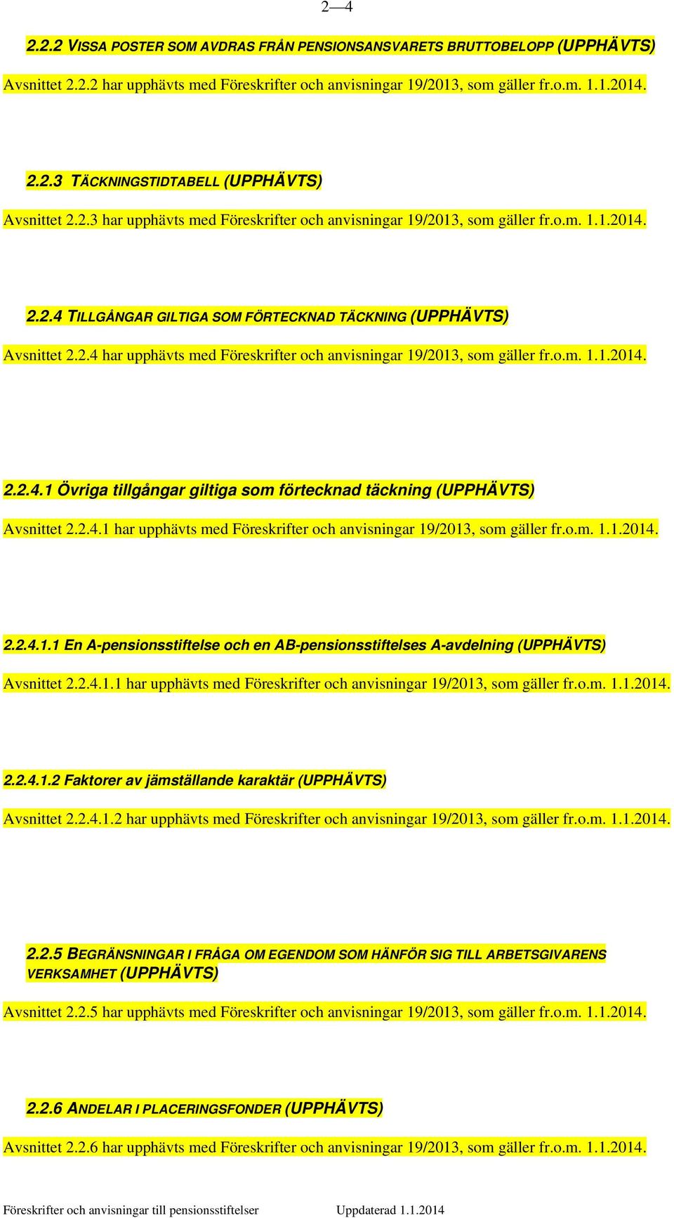 o.m. 1.1.2014. 2.2.4.1 Övriga tillgångar giltiga som förtecknad täckning (UPPHÄVTS) Avsnittet 2.2.4.1 har upphävts med Föreskrifter och anvisningar 19/2013, som gäller fr.o.m. 1.1.2014. 2.2.4.1.1 En A-pensionsstiftelse och en AB-pensionsstiftelses A-avdelning (UPPHÄVTS) Avsnittet 2.