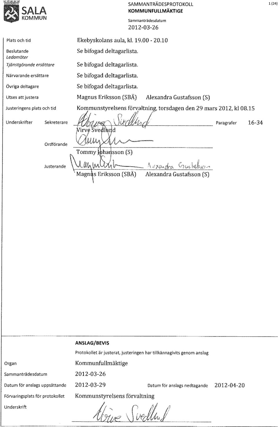 15 1 (24) Underskrifter Sekreterare ~~~:- ~_~dlj~l'- Pa ragrafer 16-34 I' WIMA /' Organ ANSLAG/BEVIS Protokollet är justerat, justeringen har tillkännagivits genom anslag